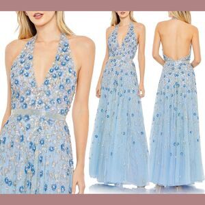 NWT $598 Mac Duggal [ 8 ] Floral Embellished Halter Strap A Line Gown Blue G1809